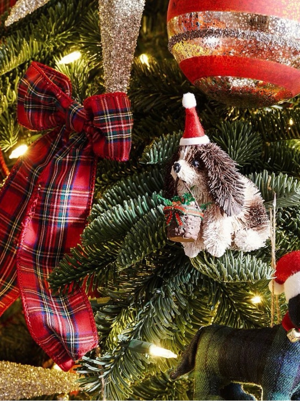 Set of 6 Pottery Barn Red Plaid Bow Clips Ornament Holiday Accent